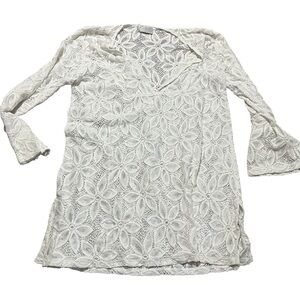 Vintage One Size White Lace Floral Swim Cover Up Bell Sleeves 90s festival retro